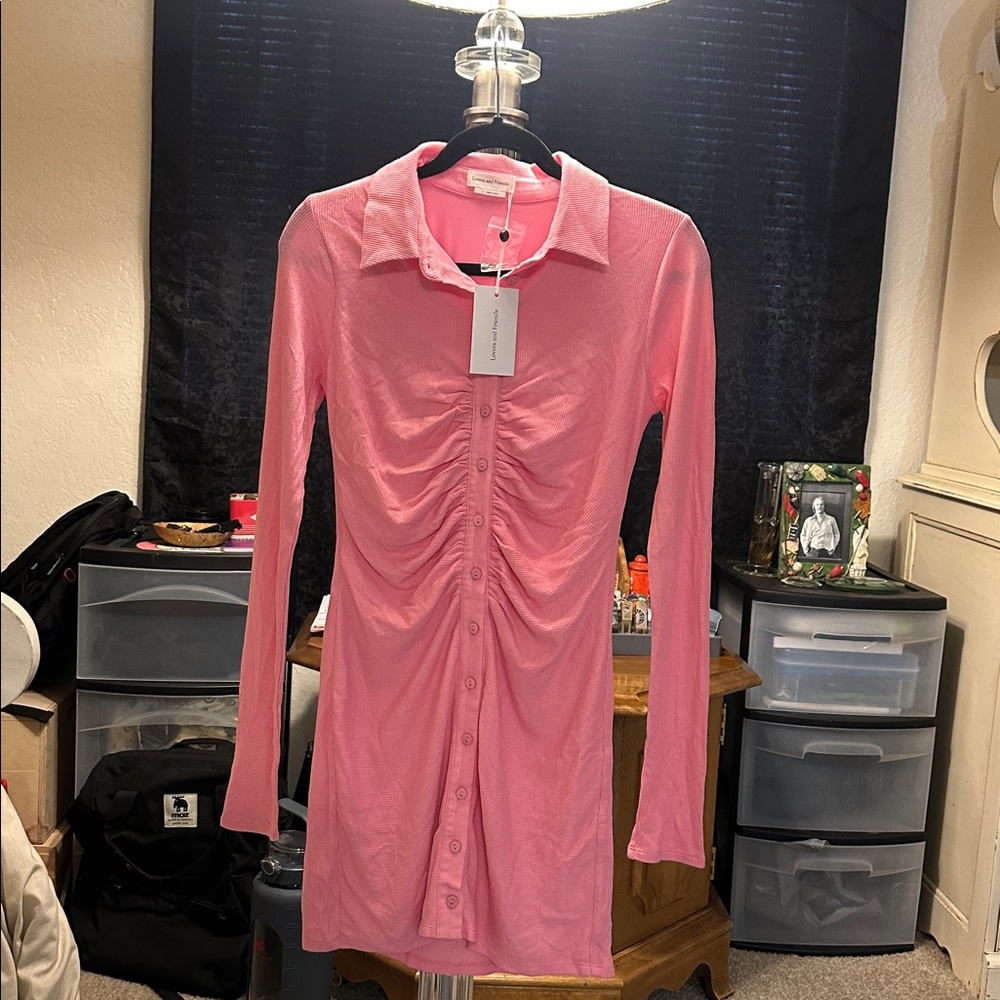 Lovers + Friends Pink Textured Button-Up Longsleeve Dress